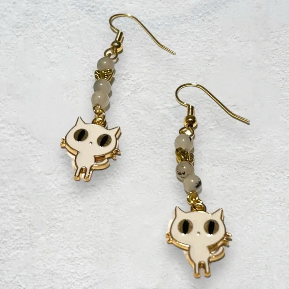 Hand Crafted Earring Cats Tourmaline Quartz Kitty White Butterfly - Picture 2 of 8